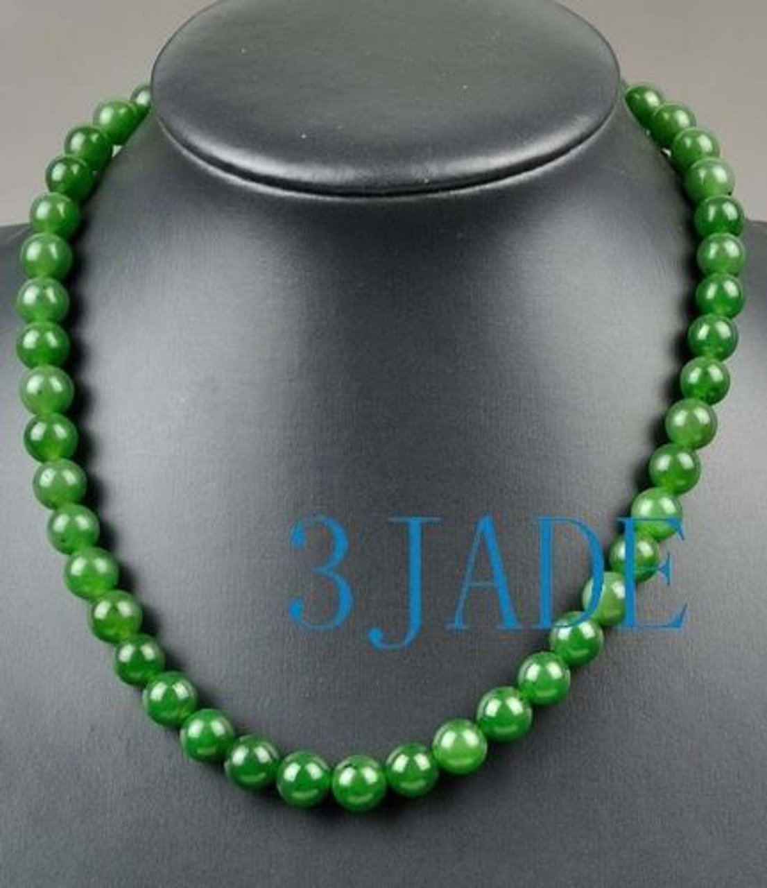 17 1/2" A Grade Natural Green Nephrite Jade Beads Necklace, w/ Certificate