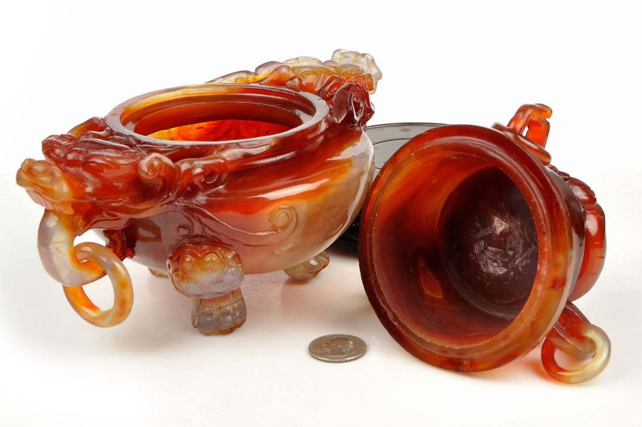 Carnelian / Red Agate Chinese Dragon Censer / Incense Carving Sculpture / Statue -M003004