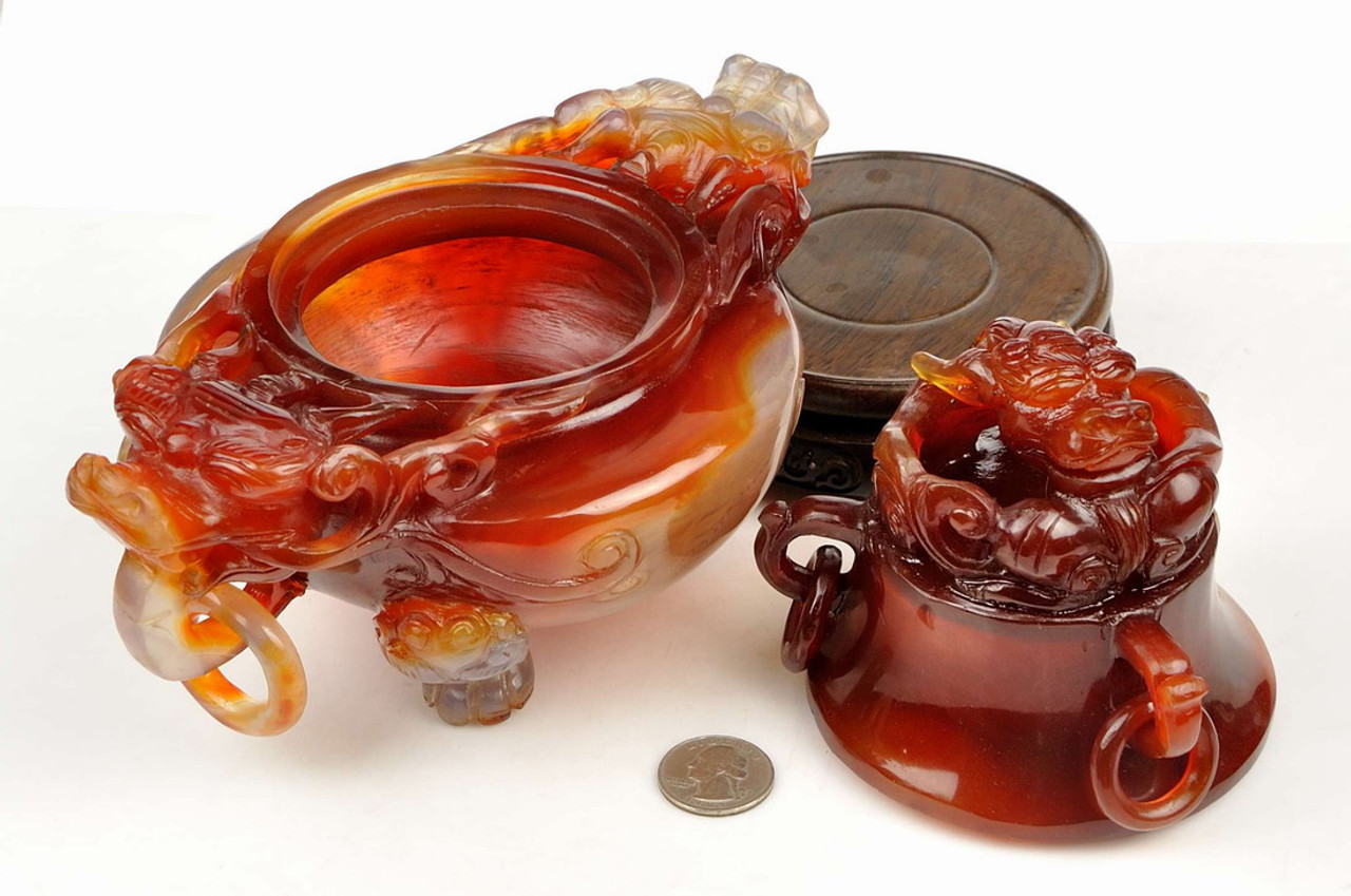 Carnelian / Red Agate Chinese Dragon Censer / Incense Carving Sculpture / Statue -M003004