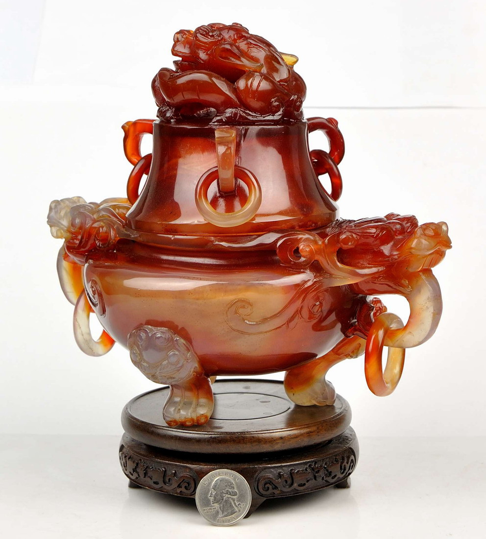 Carnelian / Red Agate Chinese Dragon Censer / Incense Carving