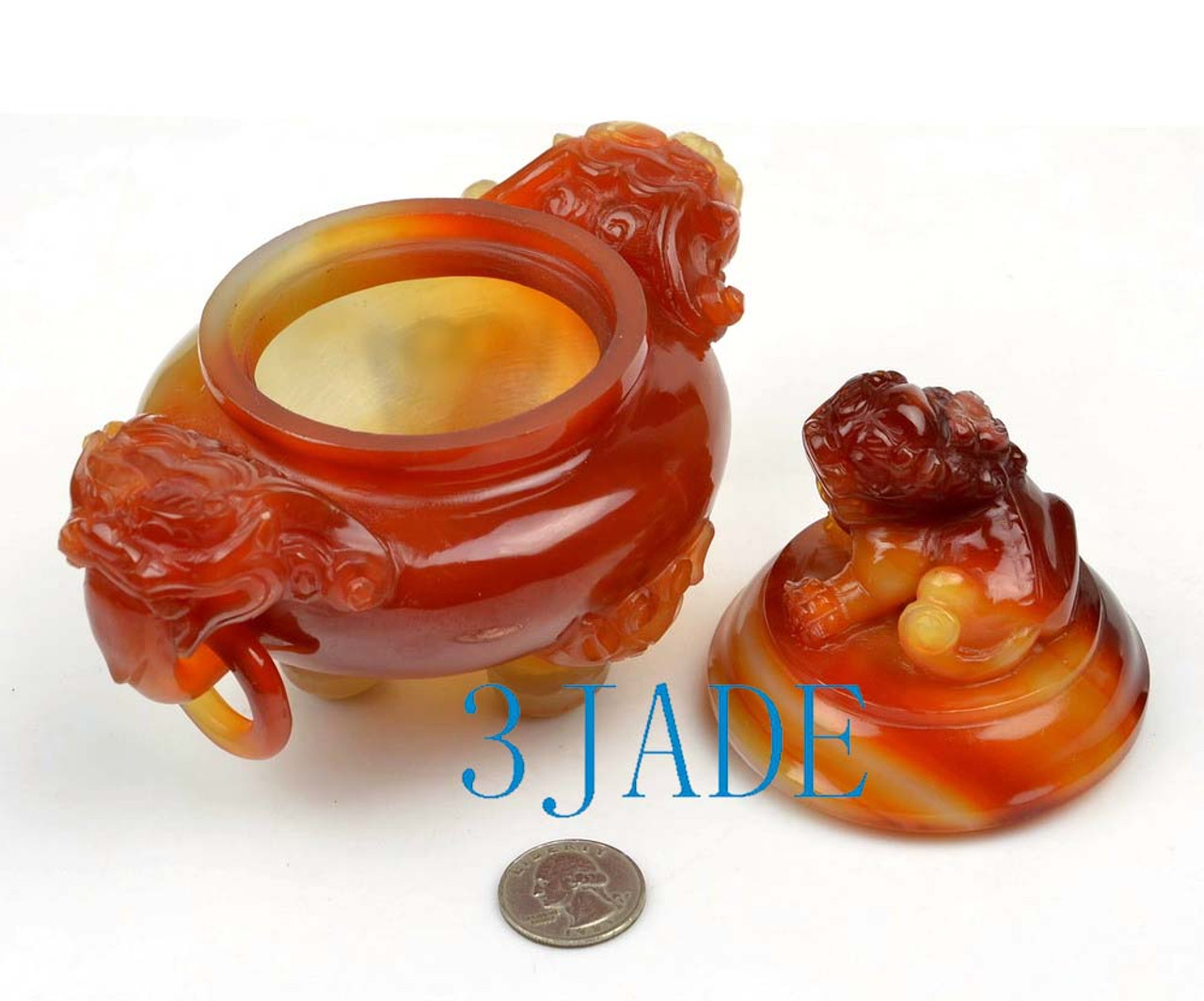 Carnelian / Red Agate Chinese Lion Foo Dog Censer / Incense Carving Sculpture / Statue -M003011