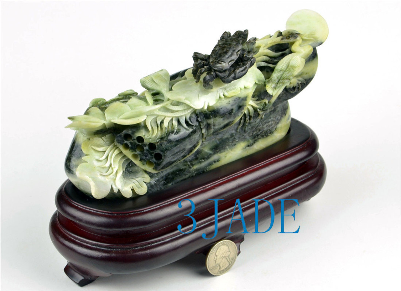 Natural Dushan Jade Stone Lotus / Crab Carving Statue Sculpture -J003502