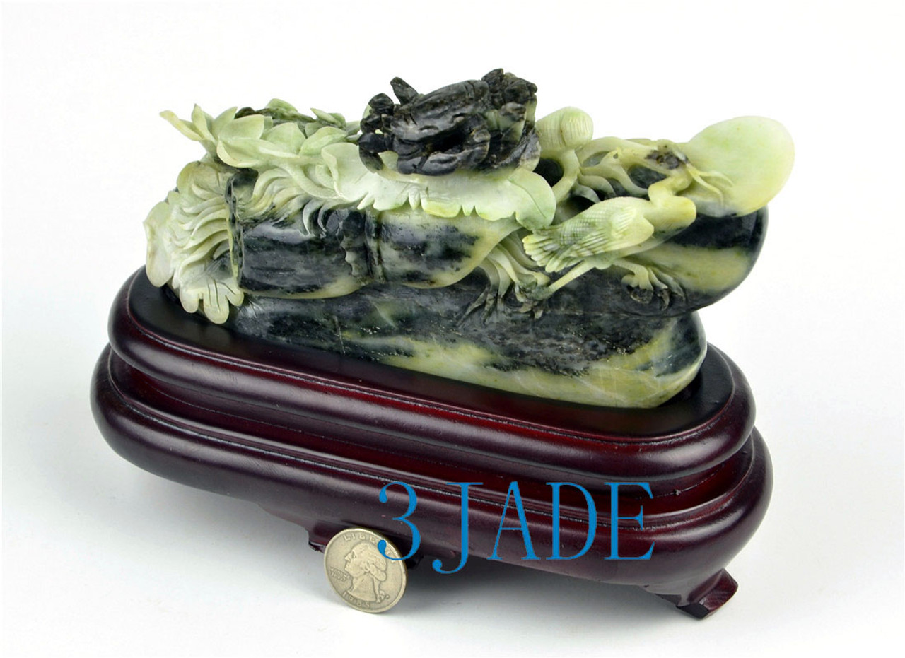 Natural Dushan Jade Stone Lotus / Crab Carving Statue Sculpture -J003502