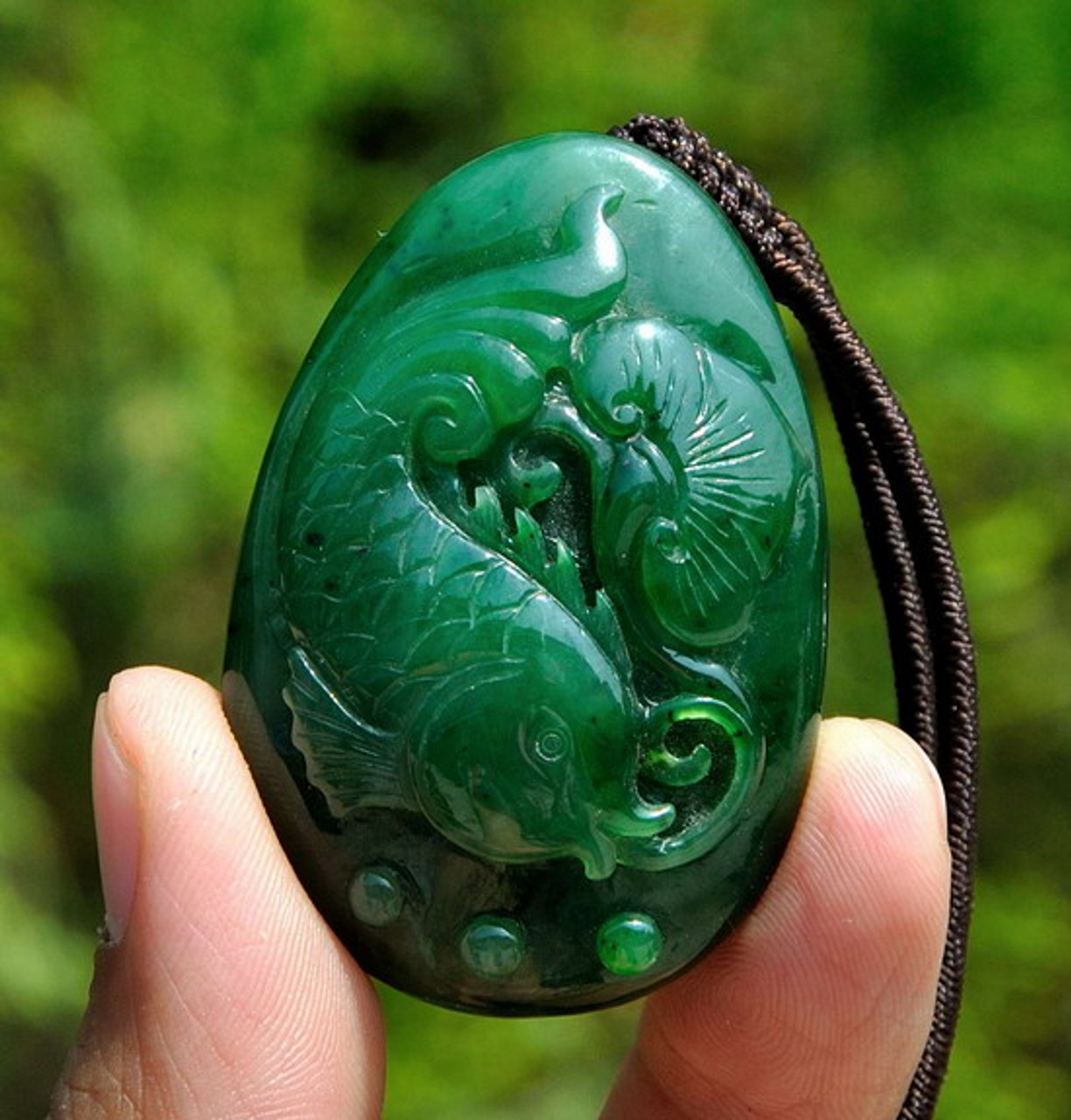 Natural Green Nephrite Jade Koi Fish Pendant Necklace Amulet