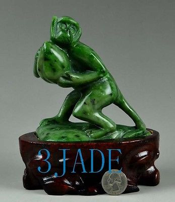 Natural Green Nephrite Jade Monkey Peach Statue Chinese Animal Carving -J026284