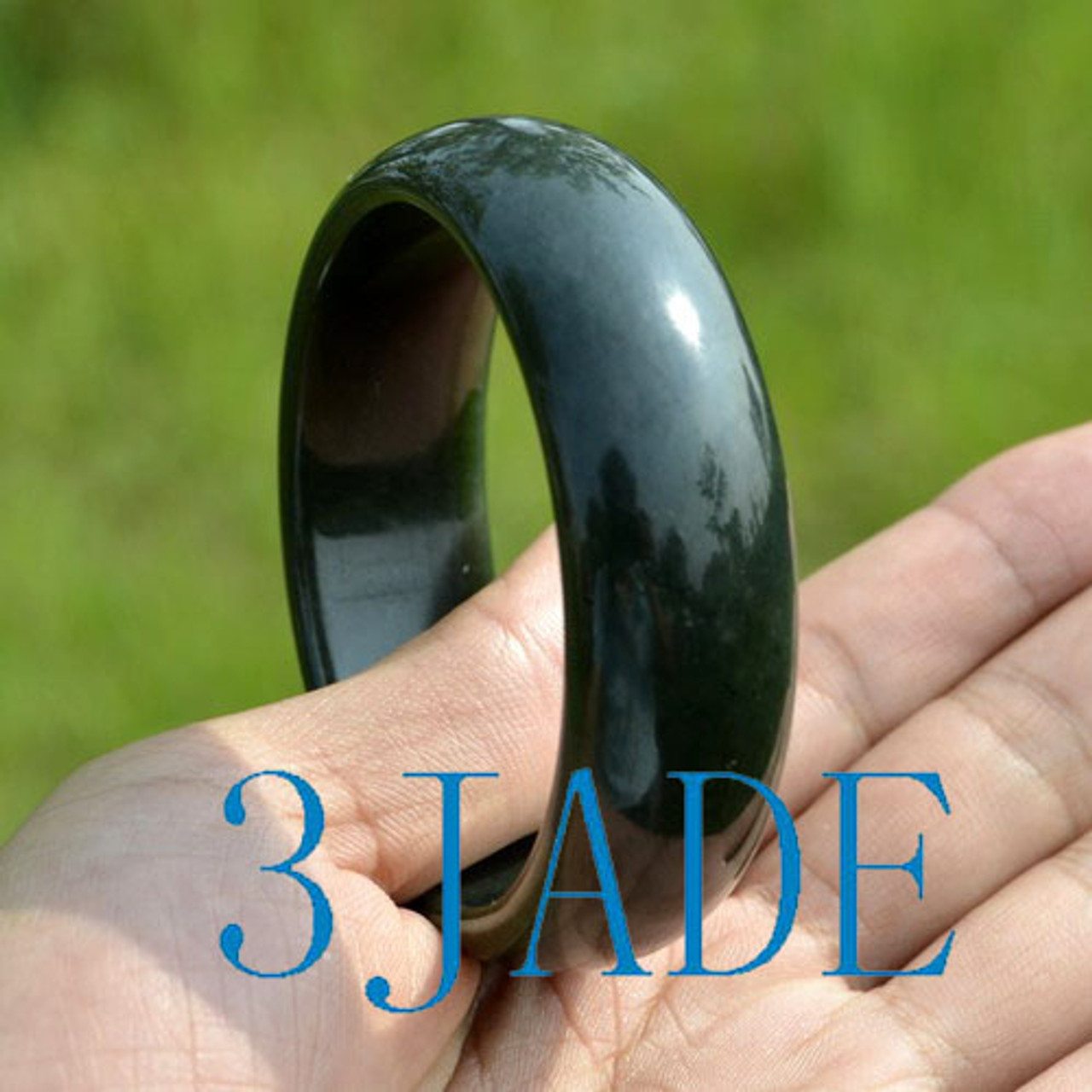 57.5-59mm Natural Black Green Nephrite Jade Wide Bangle Bracelet