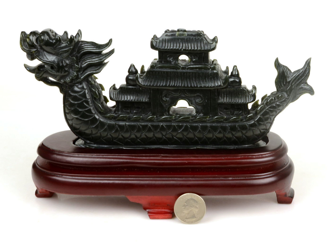 Natural Nephrite Jade Chinese Dragon Boat Statue / Carving