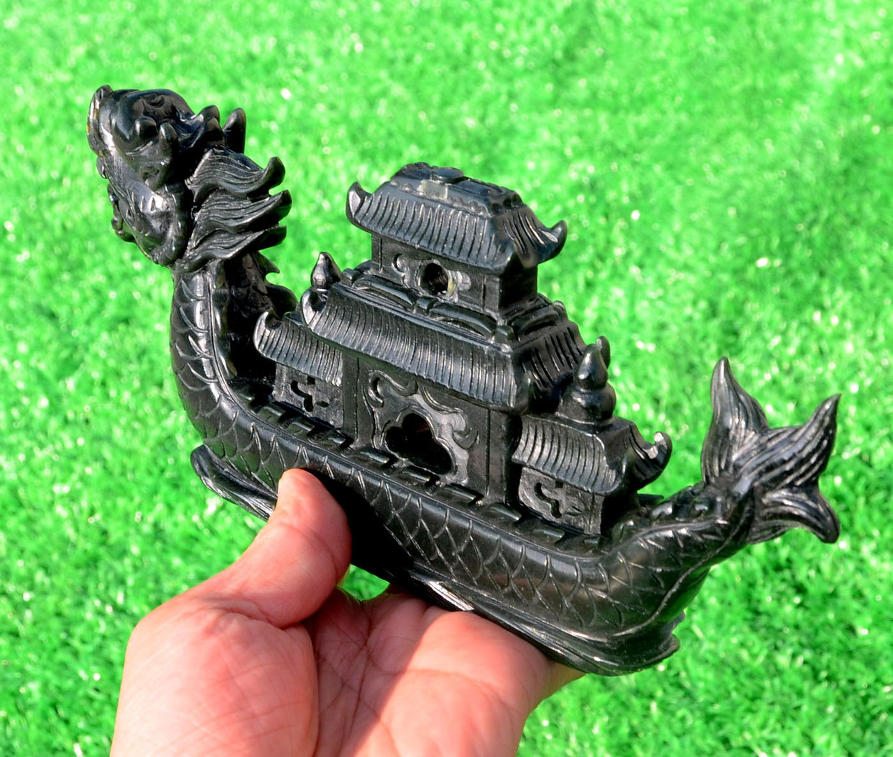 Natural Nephrite Jade Chinese Dragon Boat Statue / Carving