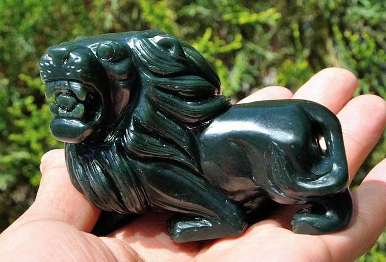 One Pair of Natural Nephrite Jade Lion Statues / Gemstone Carving Sculpture -J023907