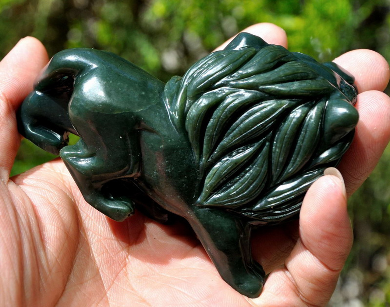 One Pair of Natural Nephrite Jade Lion Statues / Gemstone Carving Sculpture -J023907