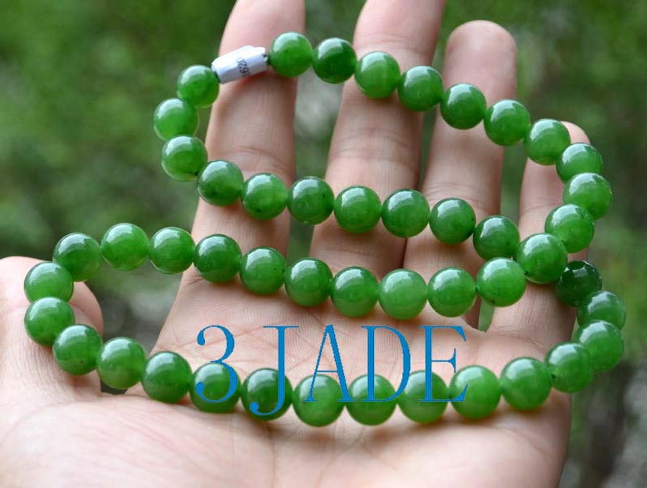 18" A Grade Natural Green Nephrite Jade Beads Necklace w/ Certificate