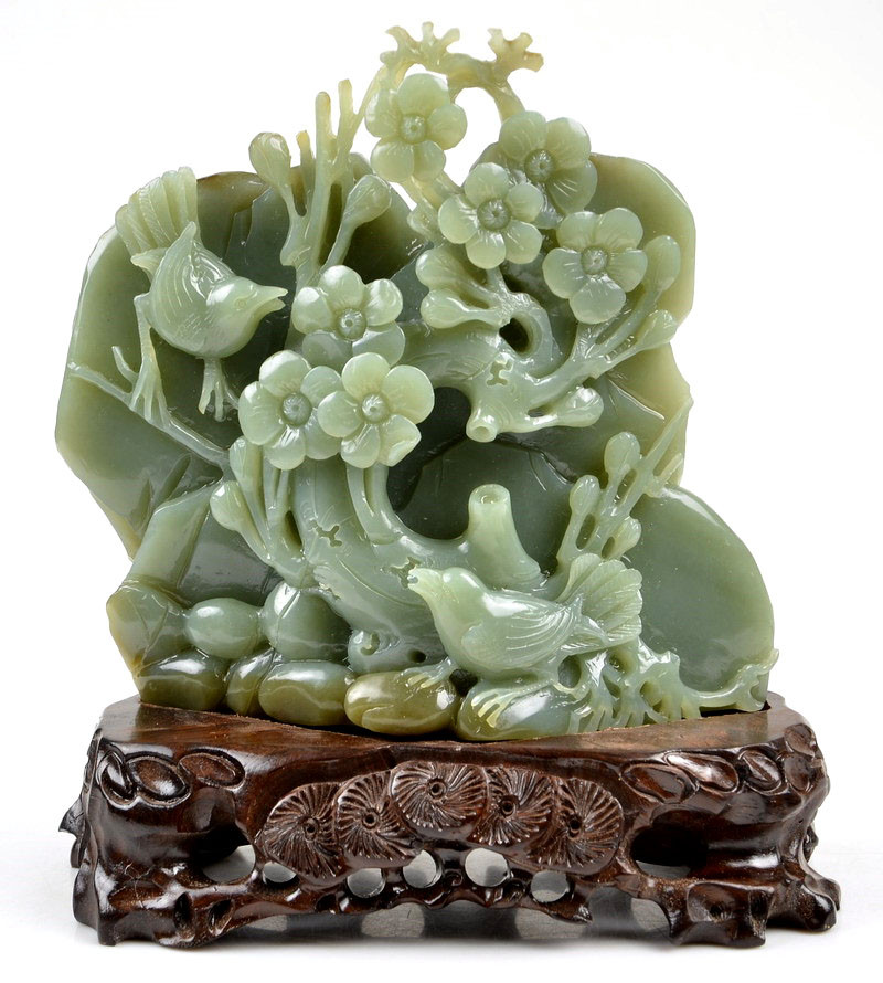 Natural Hetian Nephrite Jade Bird Flower Statue Chinese Carving w