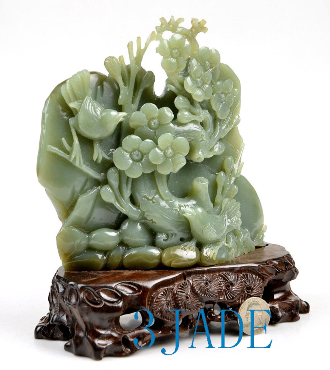 Natural Hetian Nephrite Jade Bird Flower Statue Chinese Carving w