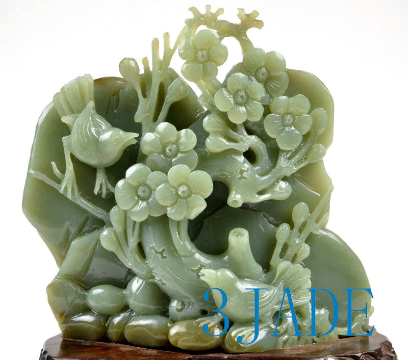 Natural Hetian Nephrite Jade Bird Flower Statue Chinese Carving w Natural Hetian Nephrite Jade Bird Flower Statue Chinese Carving w