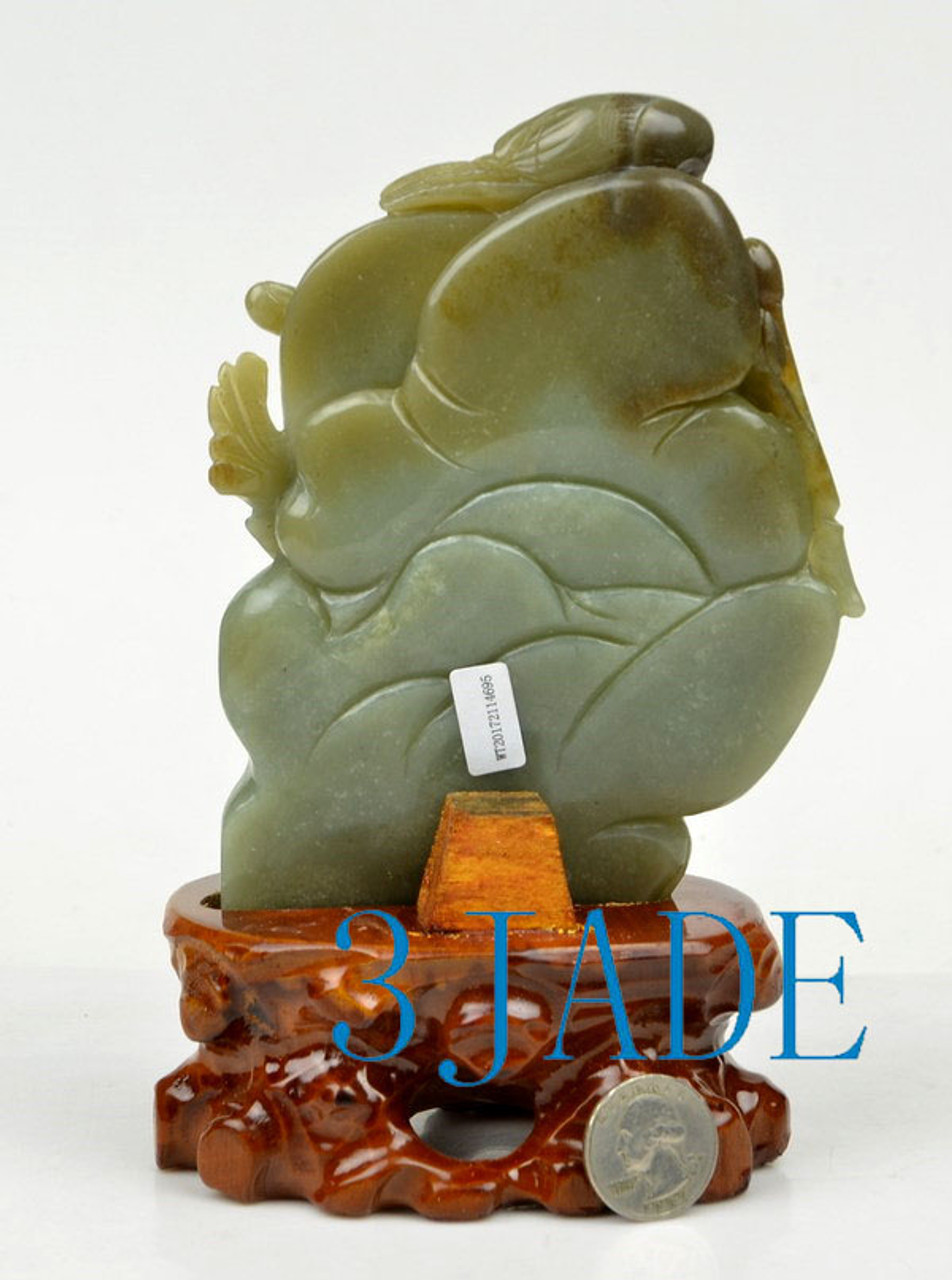Natural Hetian Nephrite Jade Bird Flower Statue Chinese