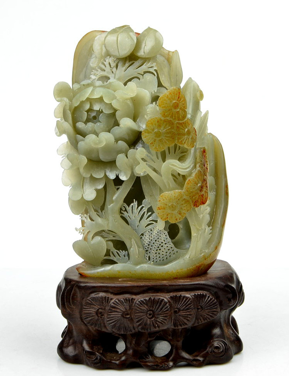 Natural Hetian Nephrite Jade Peony Flower Statue / Sculpture