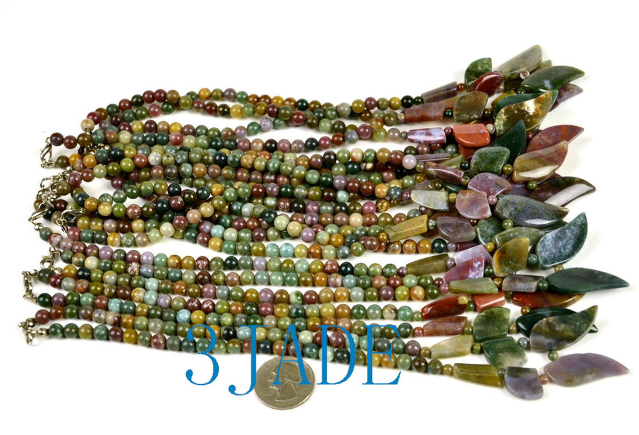 17" Natural Multi-color Moss Agate Leaf Shaped Beads Necklace
