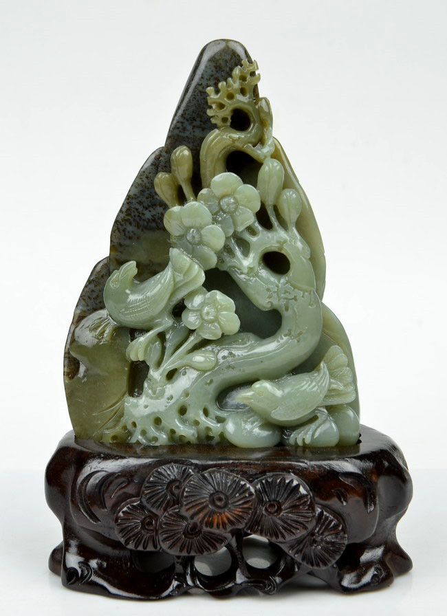 Natural Hetian Nephrite Jade Bird Flower Statue Chinese Carving w