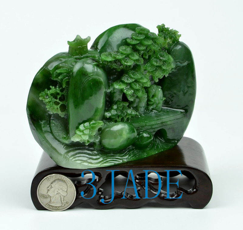 Natural Green Nephrite Jade Oriental Suiseki Bonsai Statue