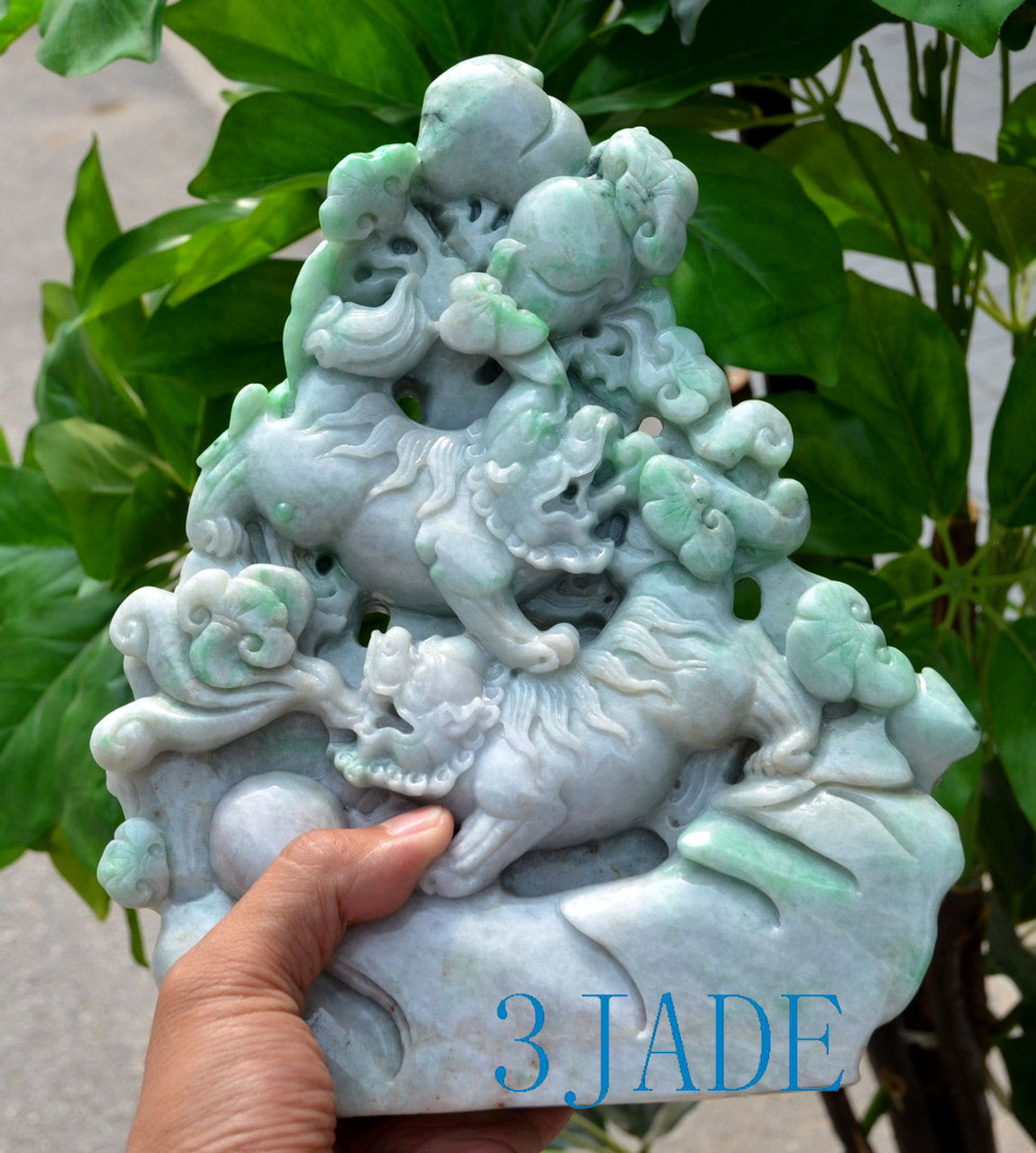 A Grade Green Jadeite Jade Chinese Foo Dogs Statue Carving Sculpture w/ certificate -J022410