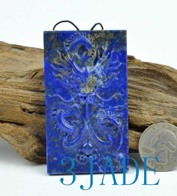 Carved Tiger's Eye & Lapis Pendant Necklace – Dragon Phoenix Round Flatback – 20in