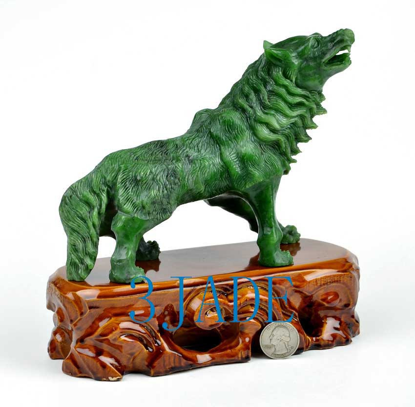 Green Nephrite Jade Wolf / Coyote Statue Detailed Carved Stone Wild