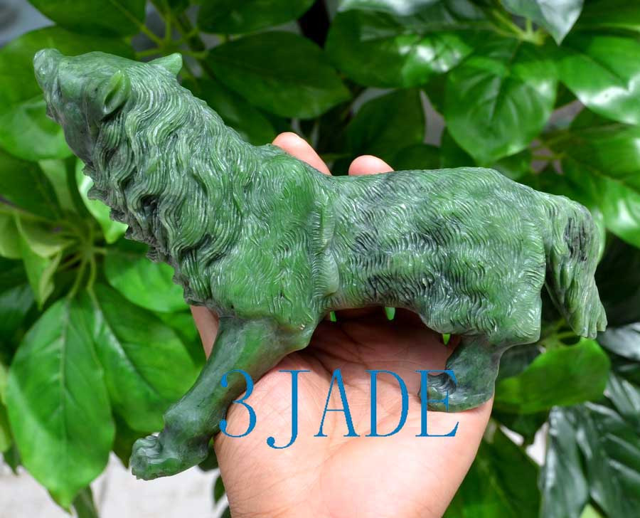 Green Nephrite Jade Wolf / Coyote Statue Detailed Carved Stone
