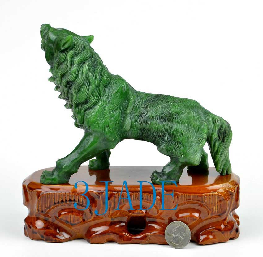 Green Nephrite Jade Wolf / Coyote Statue Detailed Carved Stone Wild