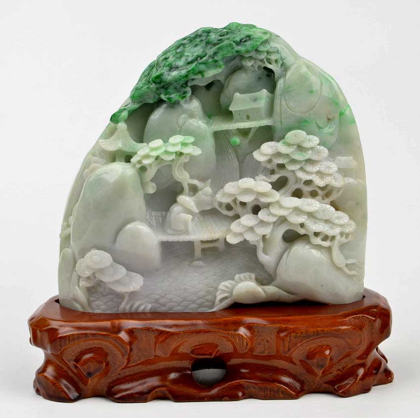 A Grade Jadeite Jade Chinese Mountain Scenery Carving Statue w