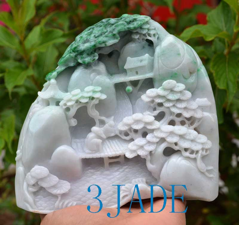 A Grade Jadeite Jade Chinese Mountain Scenery Carving Statue w