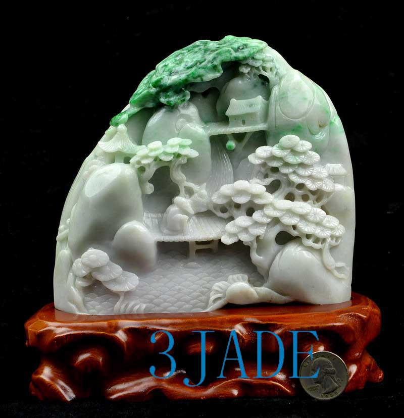 A Grade Jadeite Jade Chinese Mountain Scenery Carving Statue w