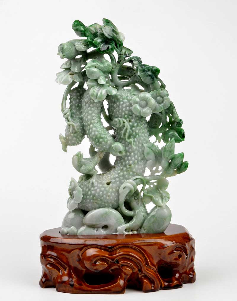 A Grade Burmese Jadeite Jade Cucumber and Flower Carving Statue