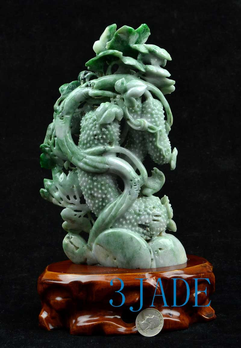 A Grade Burmese Jadeite Jade Cucumber and Flower Carving Statue