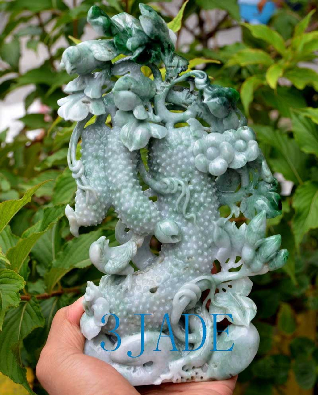 A Grade Burmese Jadeite Jade Cucumber and Flower Carving Statue 飞黄腾达 w/ certificate