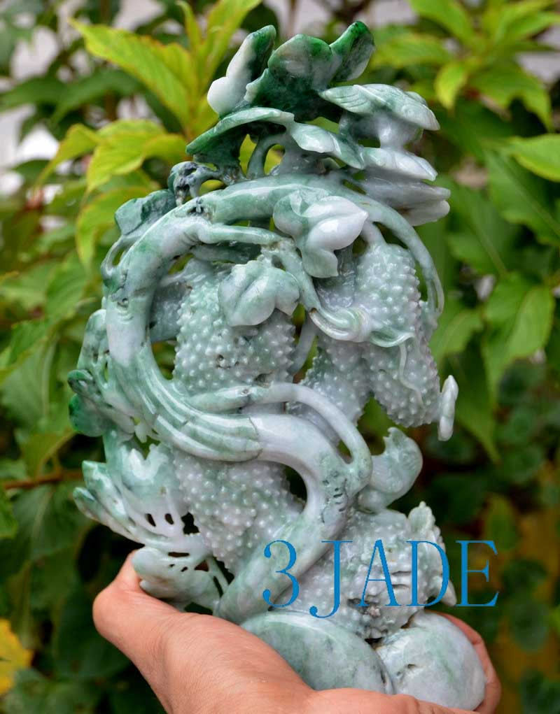 A Grade Burmese Jadeite Jade Cucumber and Flower Carving Statue