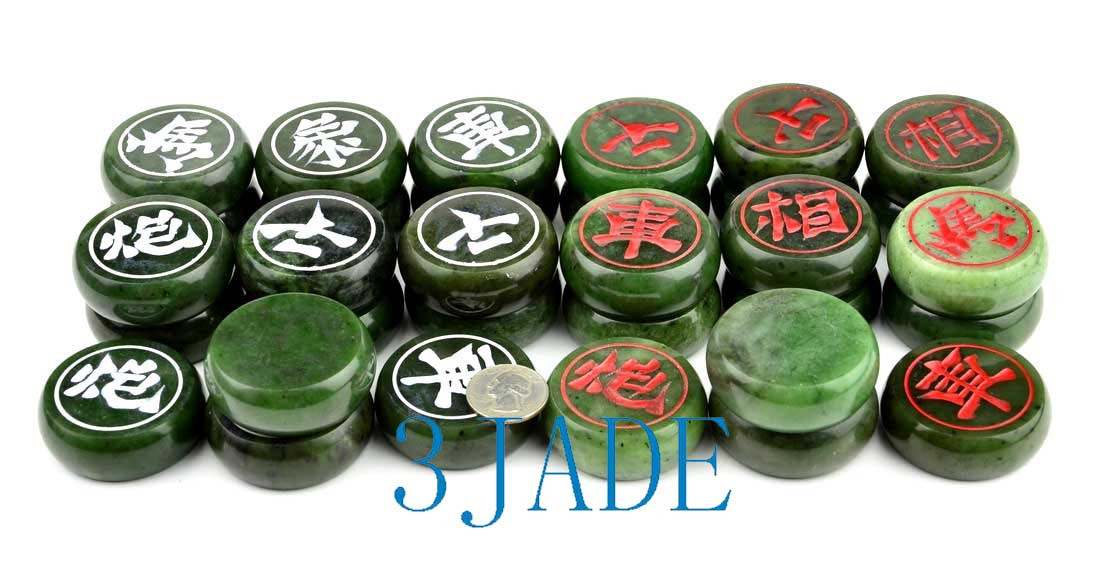 50mm Green Nephrite Jade XiangQi / Stone Chinese Chess Game Set