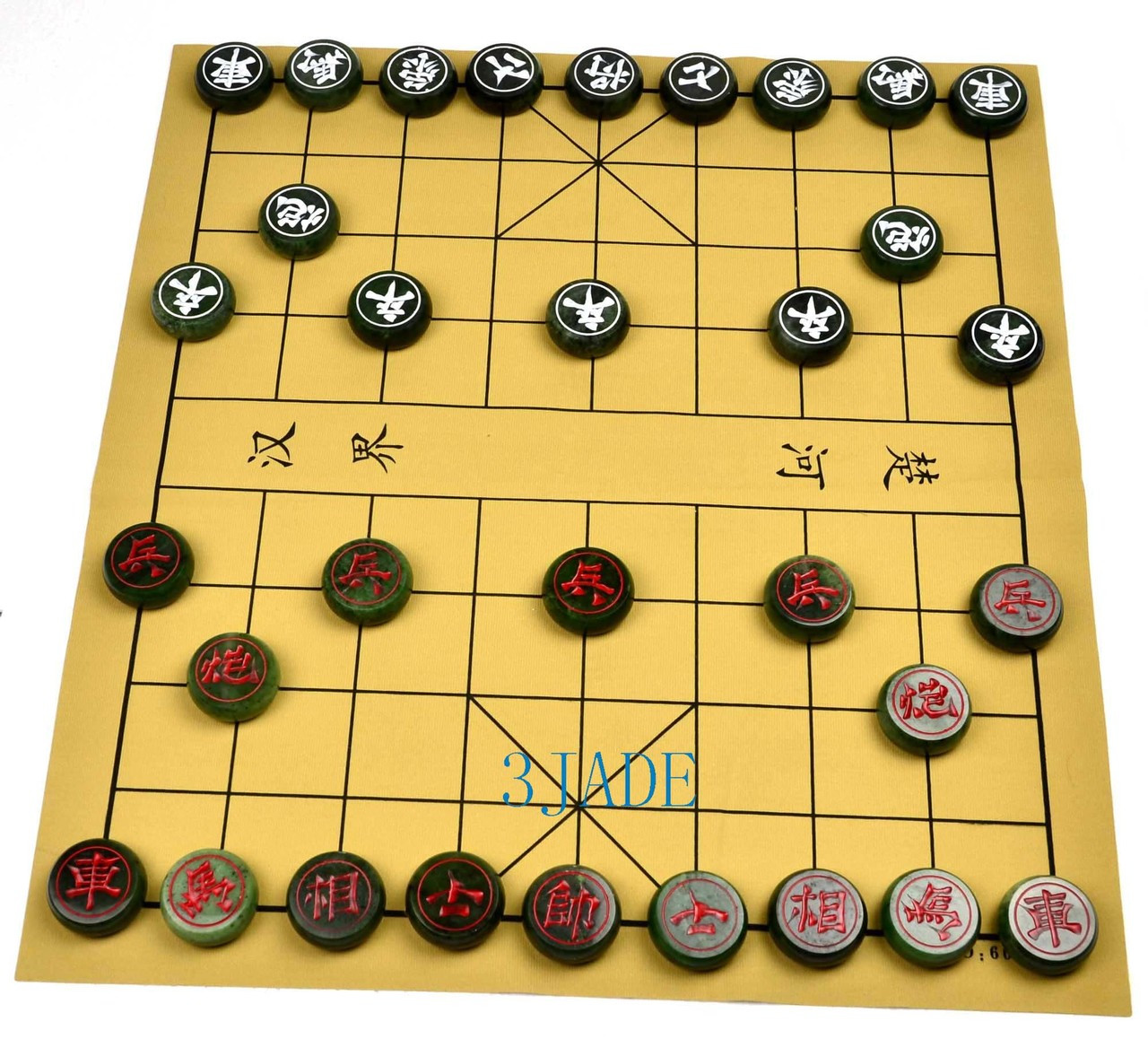 50mm Green Nephrite Jade XiangQi / Stone Chinese Chess Game Set 碧玉中国象棋