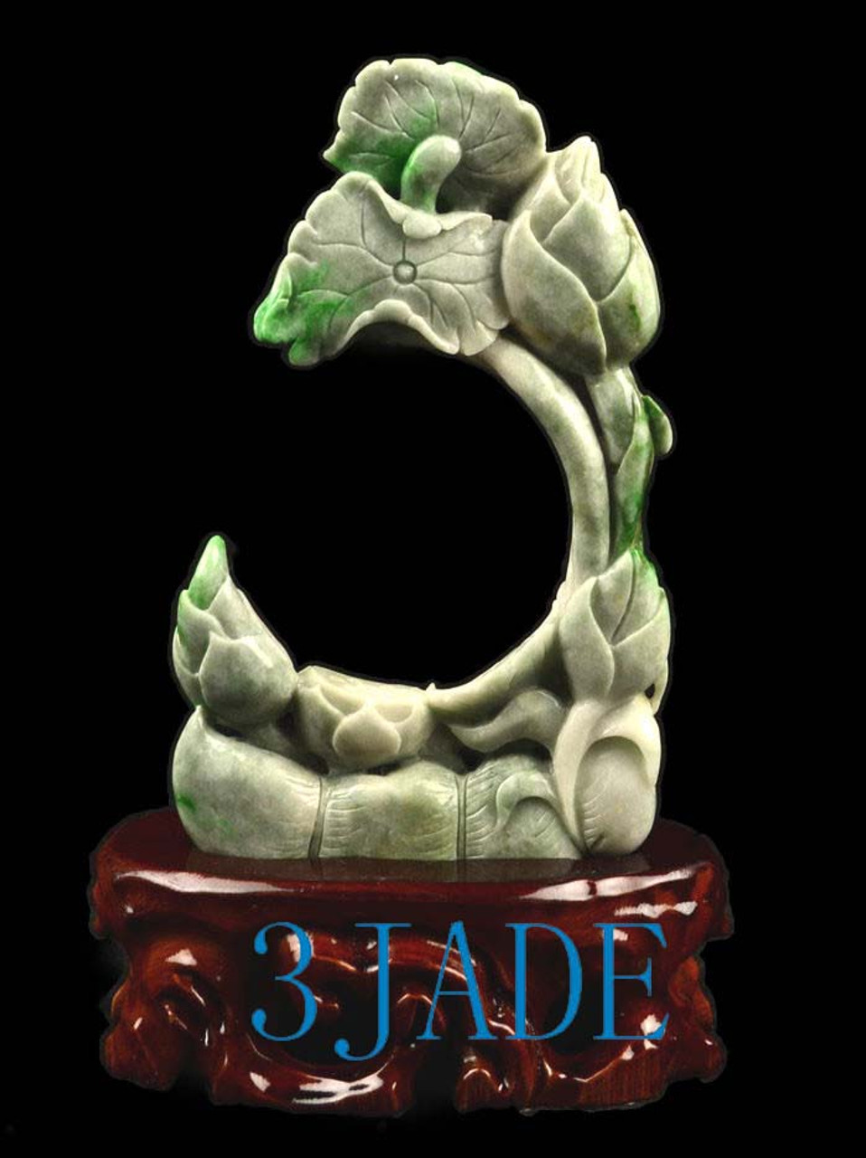 A Grade Green Jadeite Jade Lotus Flower Statue Carving Sculpture w/ certificate