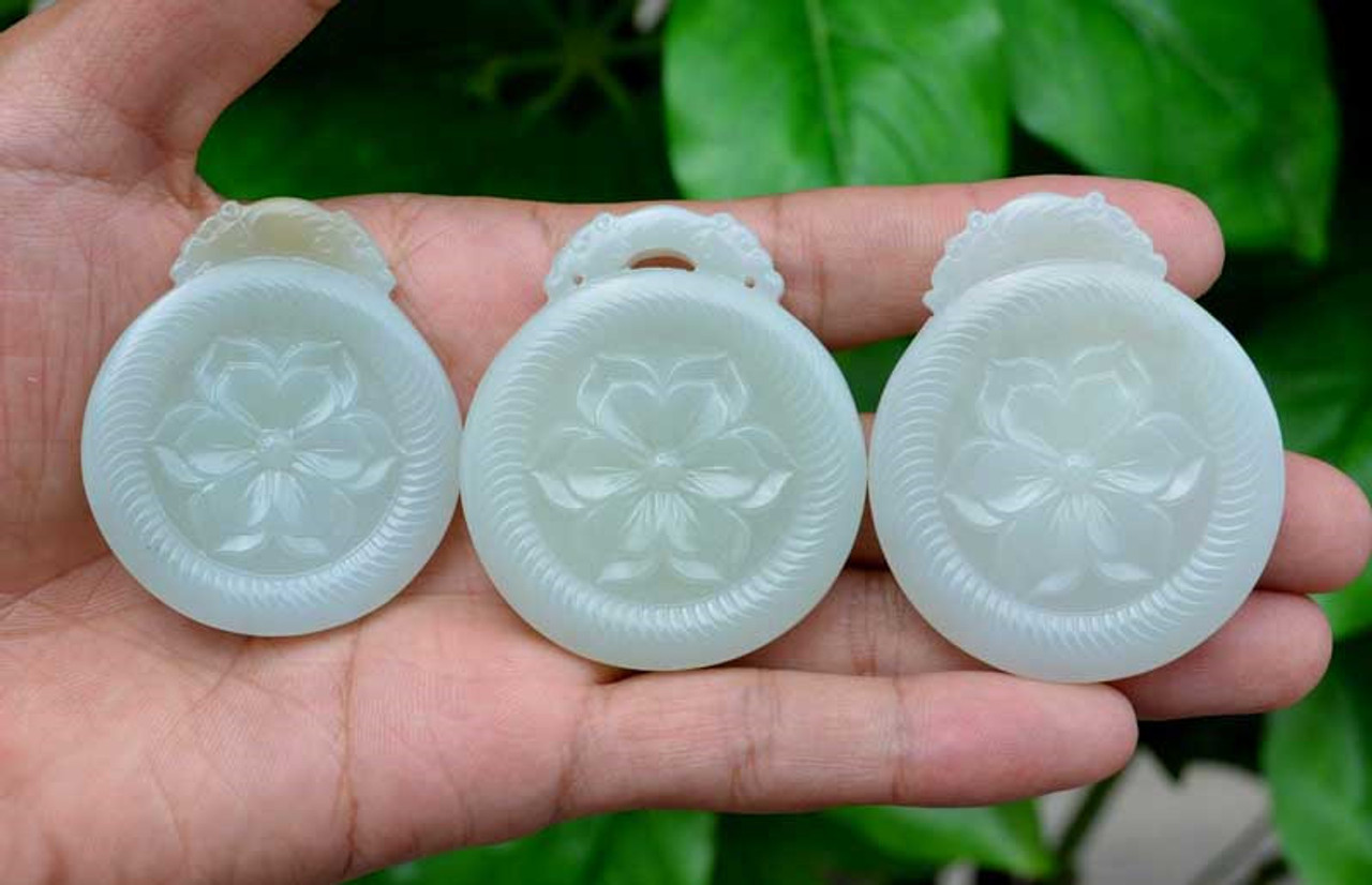 Natural White White Nephrite Jade Flower Pendant / Necklace /Carving w/Certificate