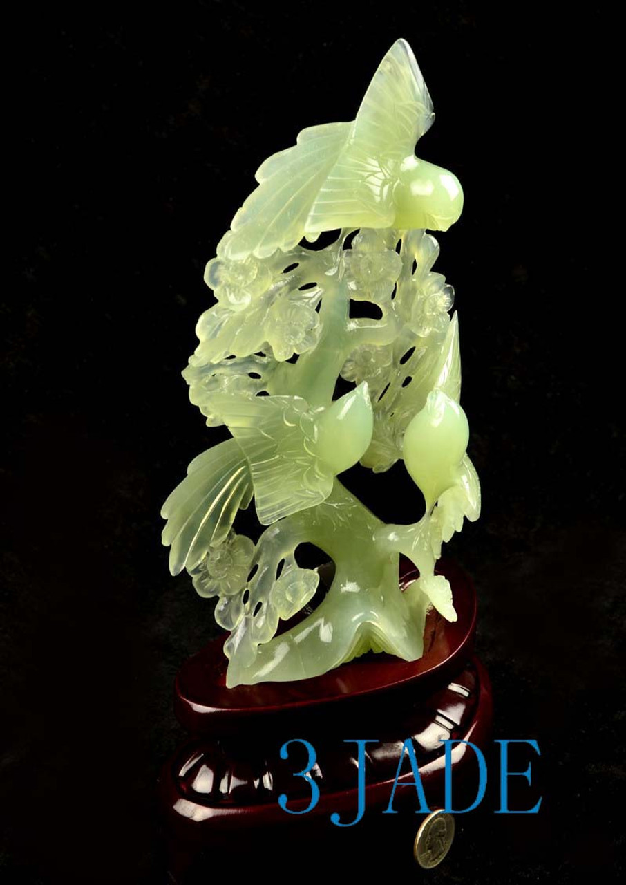 Natural Translucent Serpentine Bird Flower Statue Chinese Xiu Jade Carving