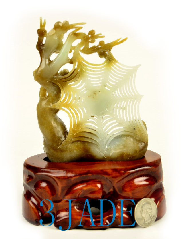 Natural Hetian Nephrite Jade Spider Web & Flower Carving/Sculpture w/ certificate