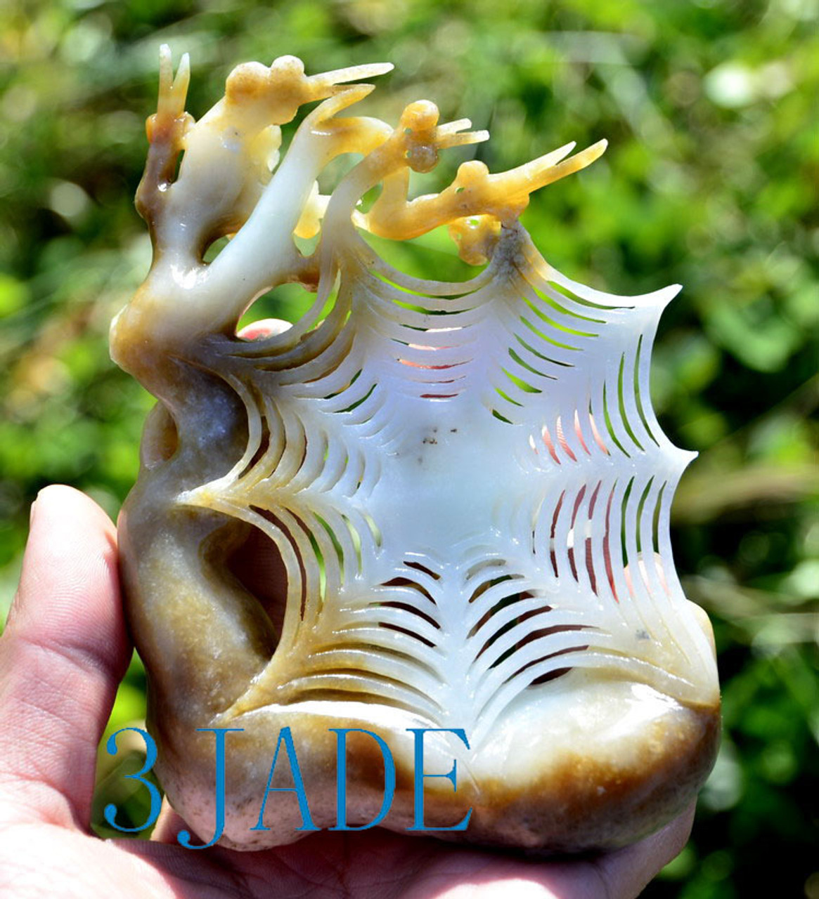 Natural Hetian Nephrite Jade Spider Web & Flower Carving/Sculpture w/ certificate