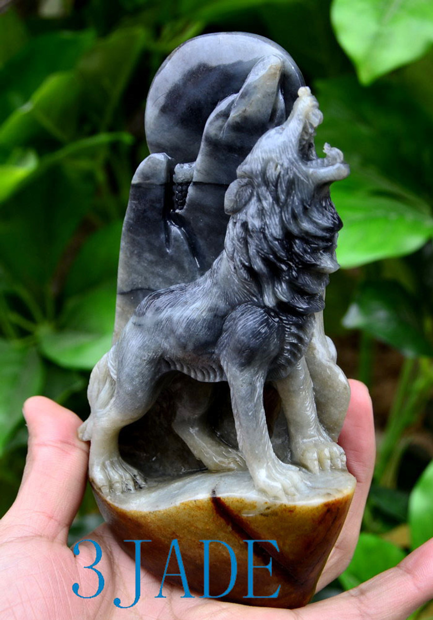 Natural Gray Seed Jade Wolf / Coyote Howling at Moon Statue Detailed Carved  w/ certificate