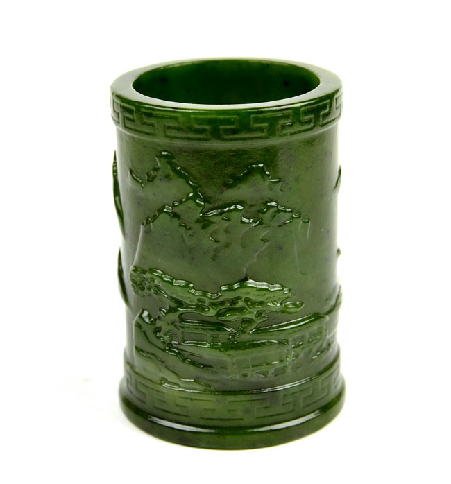 緑色石彫刻 二頭の工芸品 ケース付き Carved Green Nephrite Jade Brush Holder/ Pencil Holder w/ Chinese