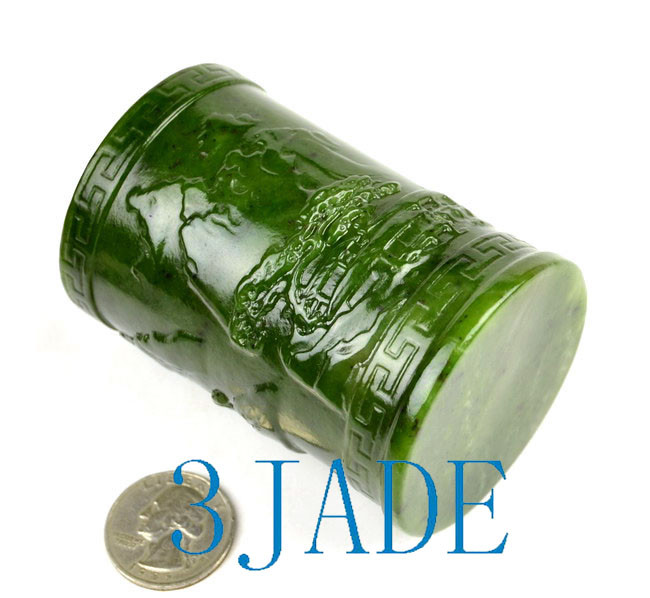 Carved Green Nephrite Jade Brush Holder/ Pencil Holder w/ Chinese