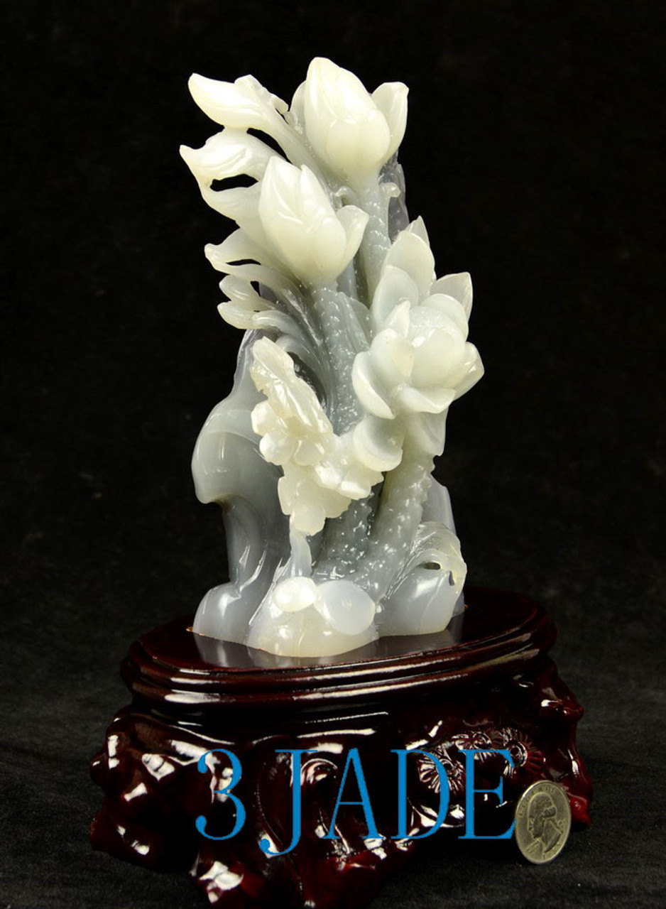 Hetian Nephrite Jade Lotus Flower Statue Fine White Jade Carving w/ Certificate