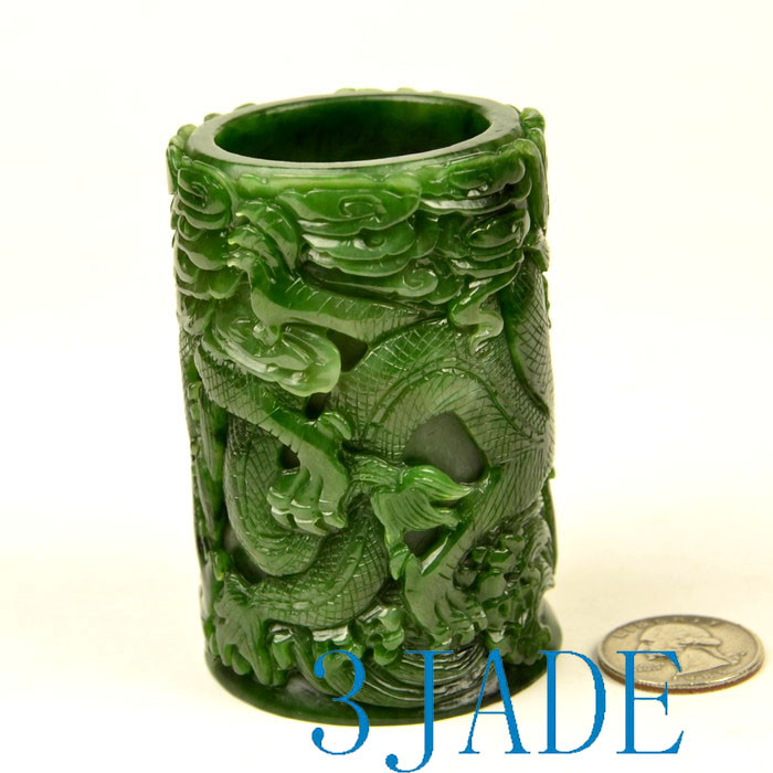 No.976 カップ、グリーン石 Green Nephrite Jade Pen Holder Pencil Cup w/ Carved Chinese Dragon