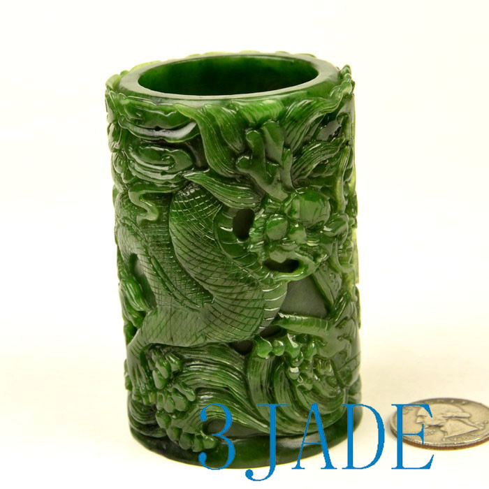 Green Nephrite Jade Pen Holder Pencil Cup w/ Carved Chinese Dragon