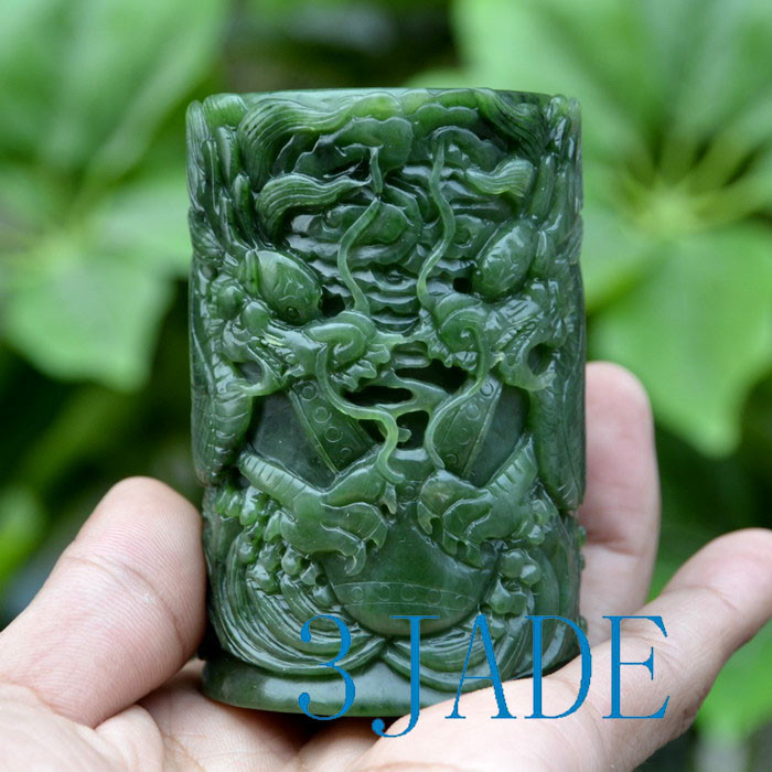 Green Nephrite Jade Pen Holder Pencil Cup w/ Carved Chinese Dragon