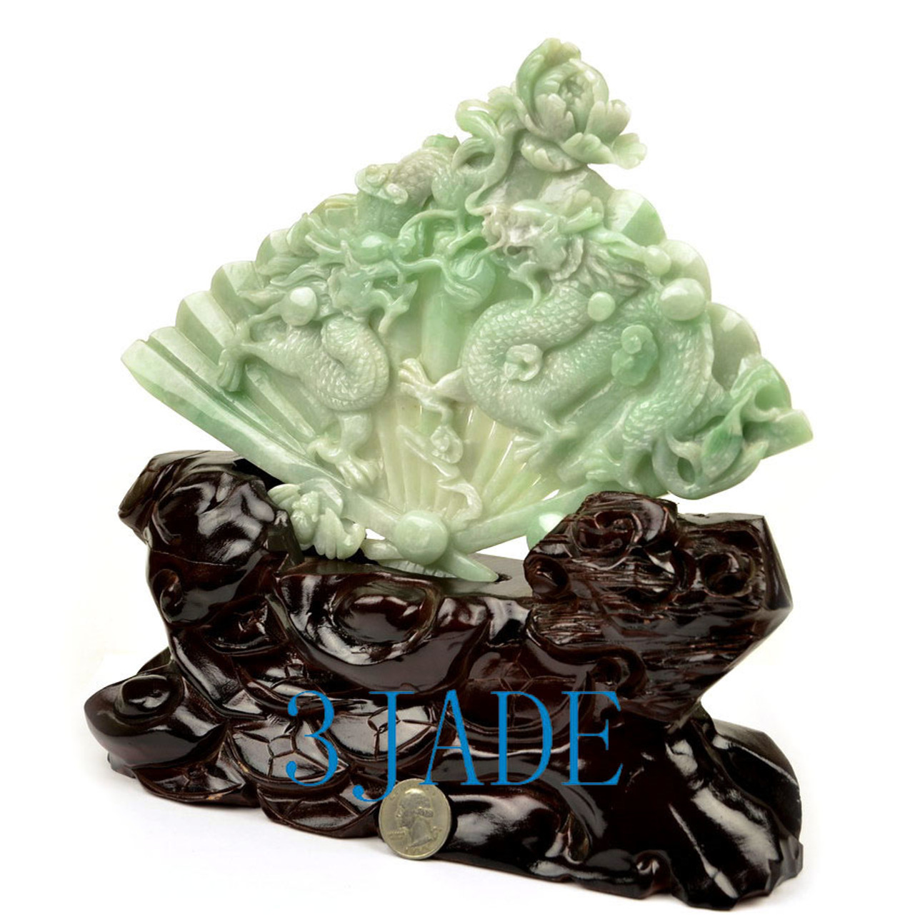 A Grade Jadeite Jade Playing Dragons Fan Statue Sculpture  w/ certificate